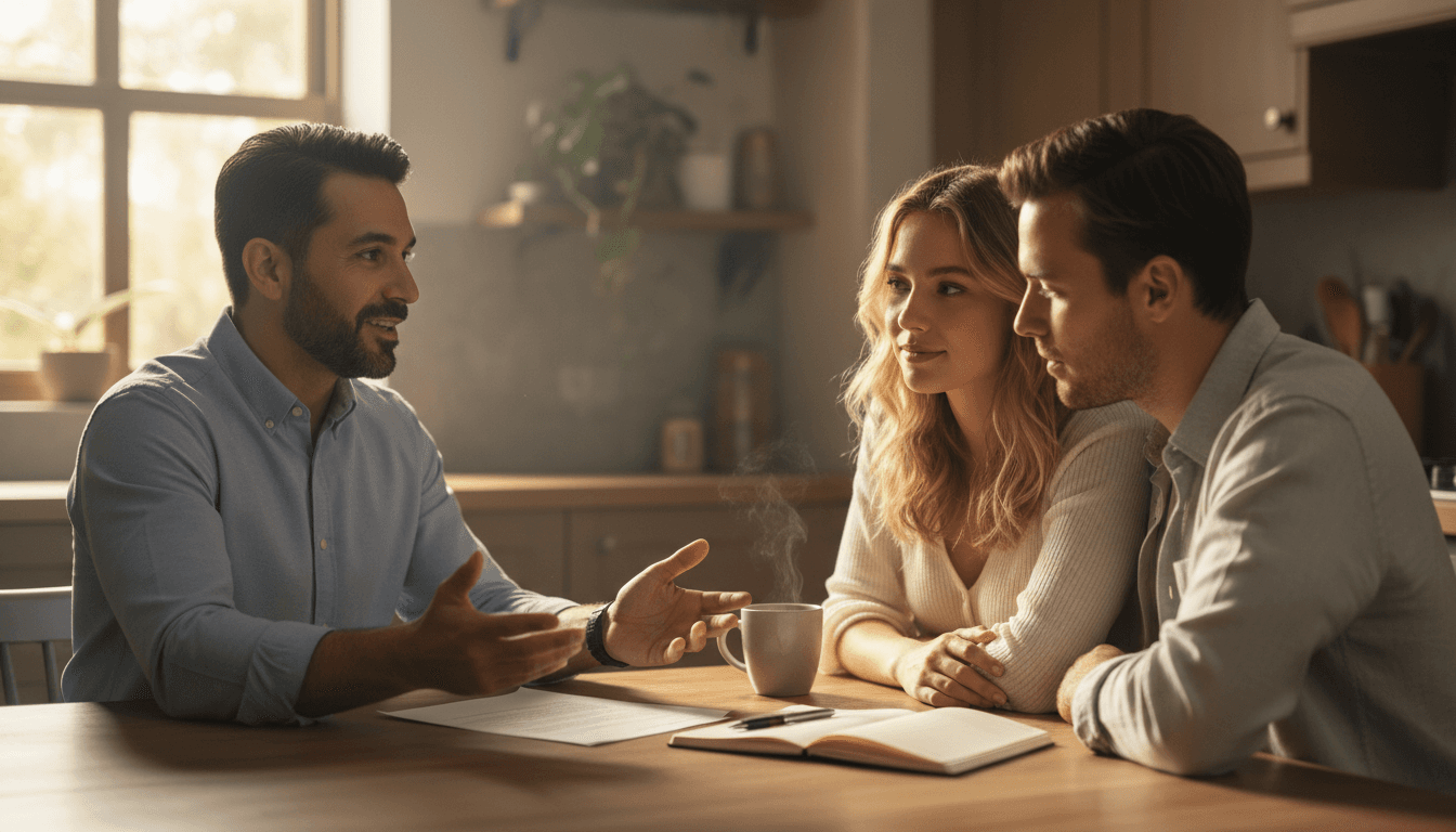 Insurance broker explaining coverage options to a young couple at their kitchen table