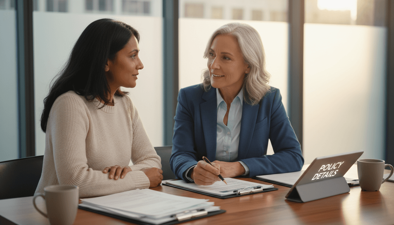Insurance broker reviewing coverage options with a family at a kitchen table